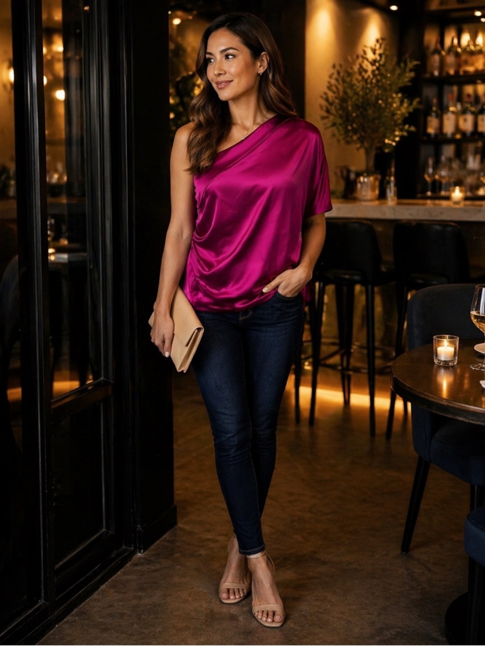 DO+BE Purple Satin One Shoulder Ruched Side Top Size Small